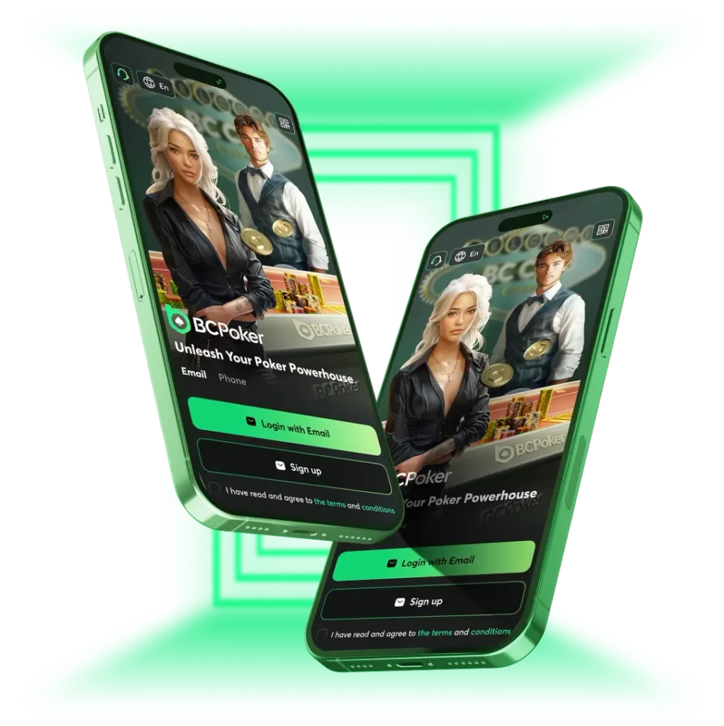 BC Poker mobile app login and registration screen on two smartphones with poker interface