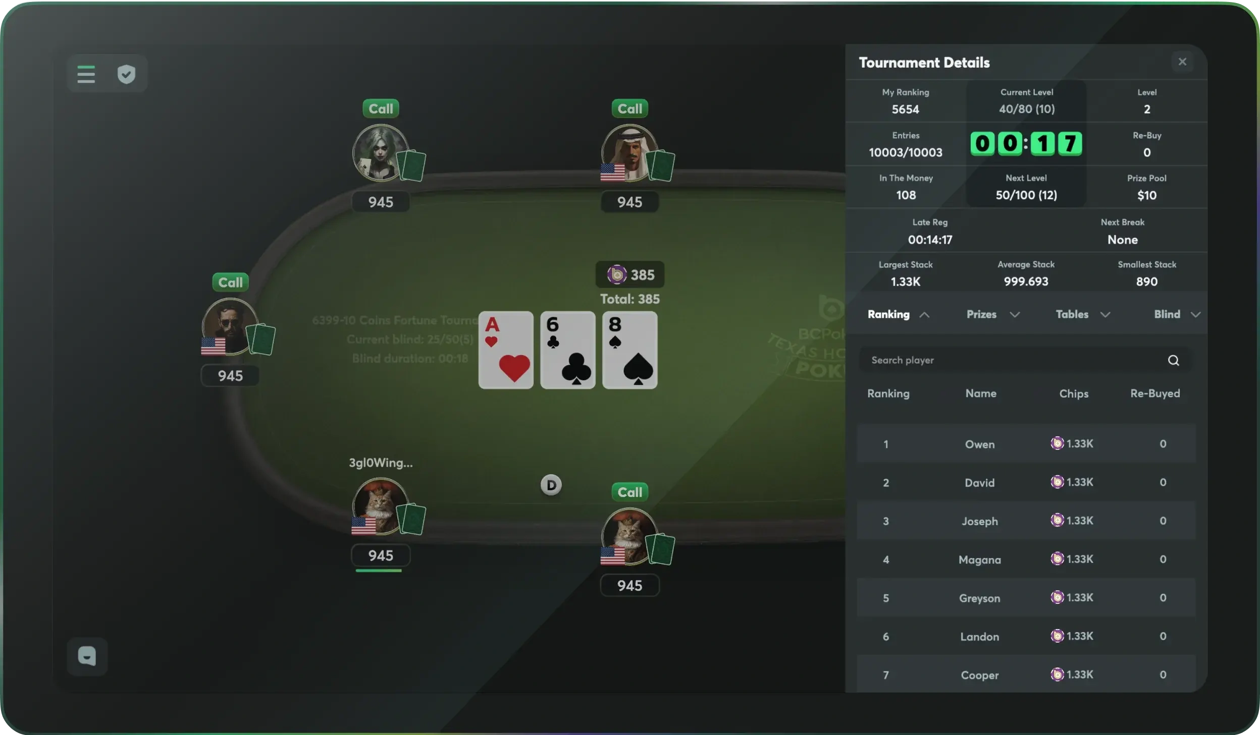 BC Poker tournament table interface with players cards chips and live hand action on screen