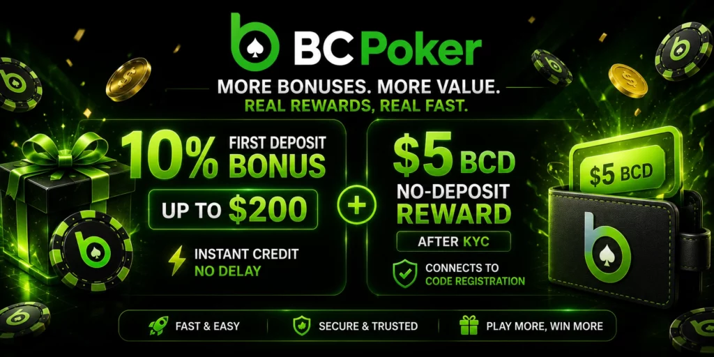 BC Poker bonus banner with 10% deposit bonus and $5 BCD reward after KYC