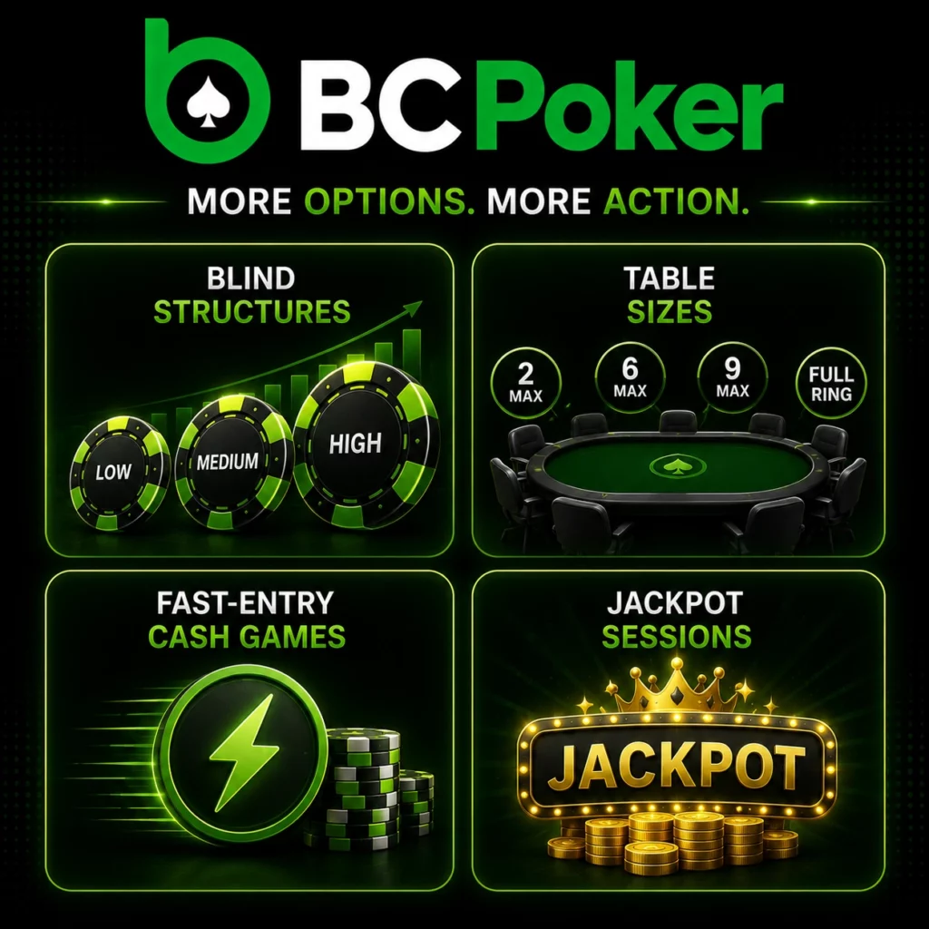 BC Poker banner with cash games, table sizes and jackpot sessions