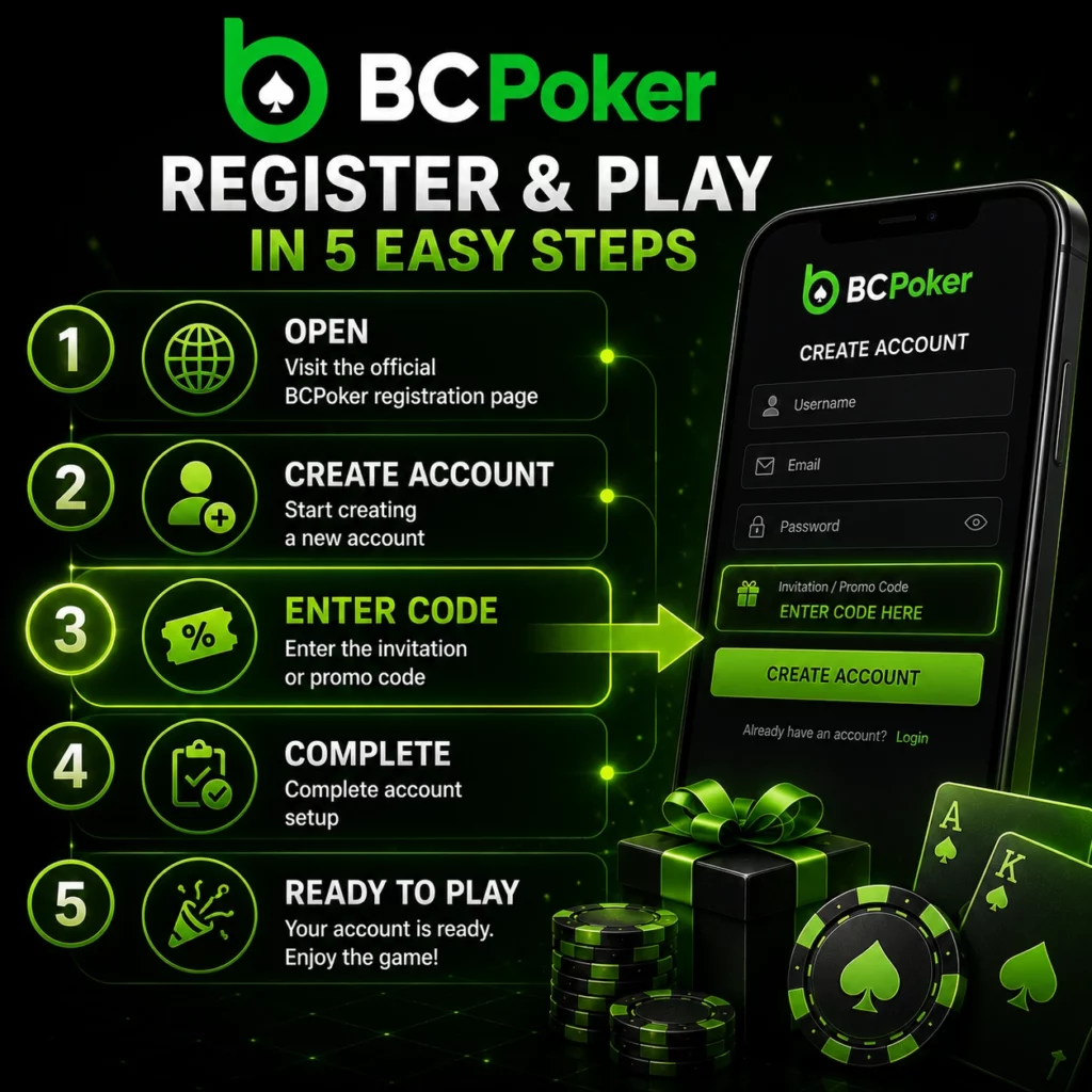 BC Poker registration banner with promo code entry and account setup steps