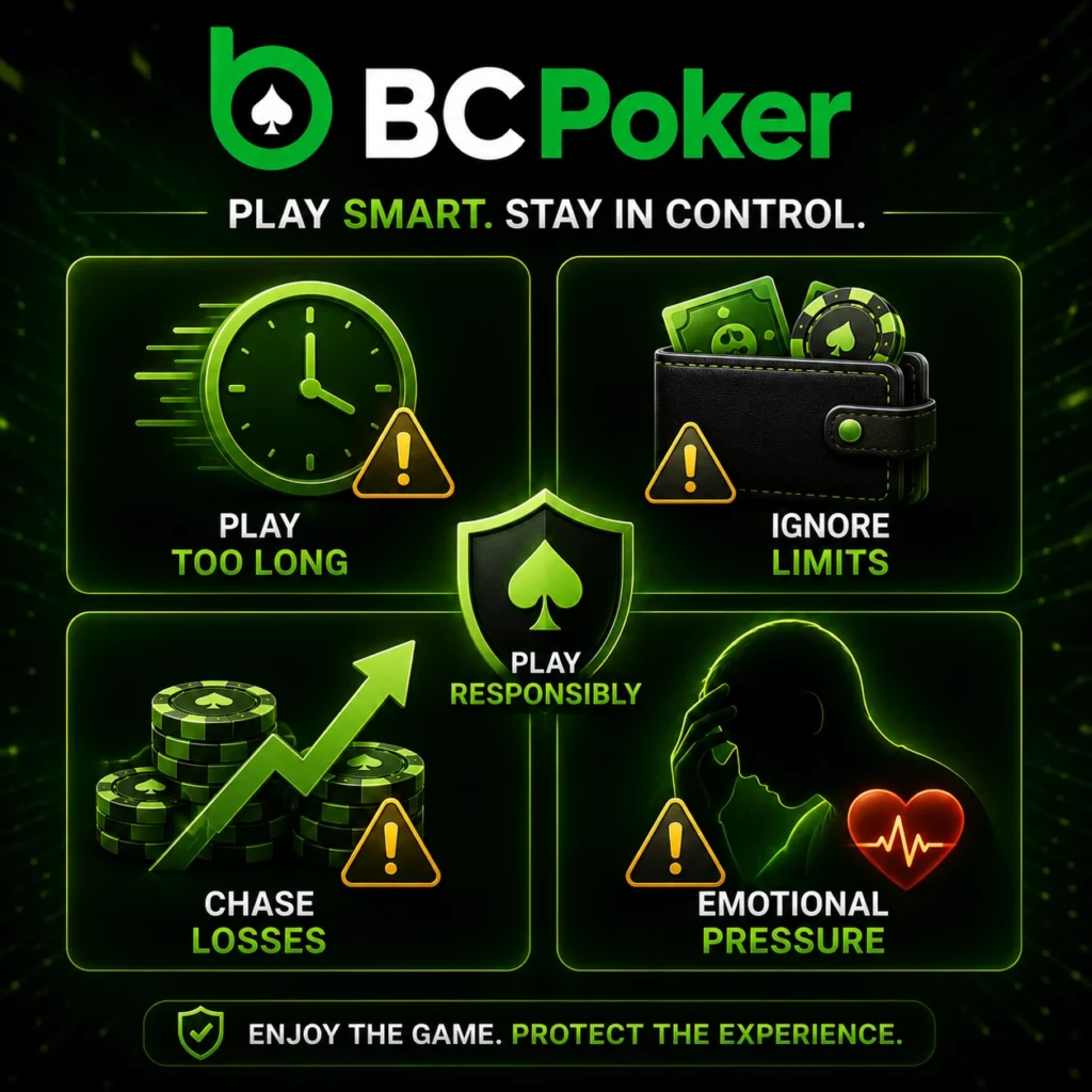 BC Poker responsible gaming banner with warning signs and safe play tips