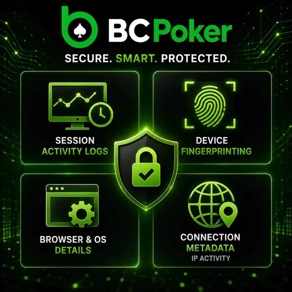 BC Poker security banner with device data and session activity monitoring